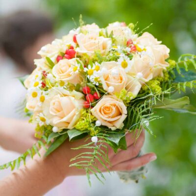 Букет невесты из кремовых роз, ромашек и гиперикума