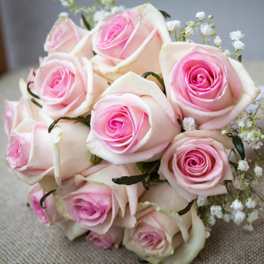 Букет невесты из 15 роз и гипсофилы